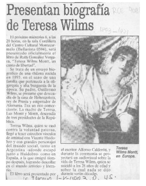 Presentan biografía de Teresa Wilms  [artículo].