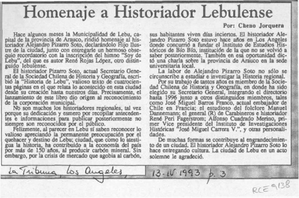 Homenaje a historiador lebulense  [artículo] Cheno Jorquera.