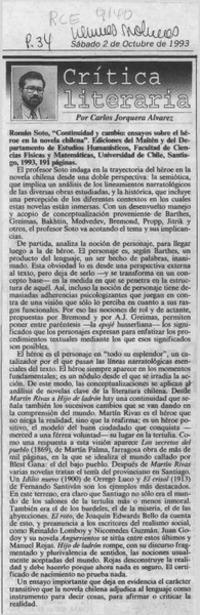 Román Soto, "Continuidad y cambio, ensayos sobre el héroe en la novela chilena"  [artículo] Carlos Jorquera Alvarez.