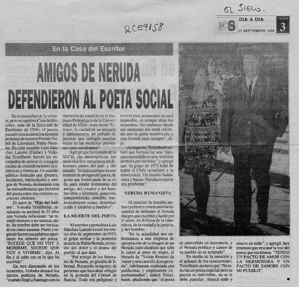 Amigos de Neruda defendieron al poeta social  [artículo].