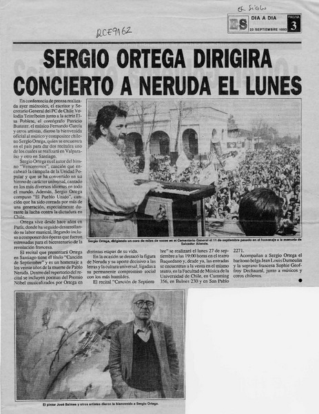 Sergio Ortega dirigirá concierto a Neruda el lunes  [artículo].