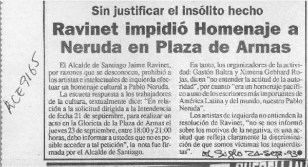 Ravinet impidió homenaje a Neruda en Plaza de Armas  [artículo].