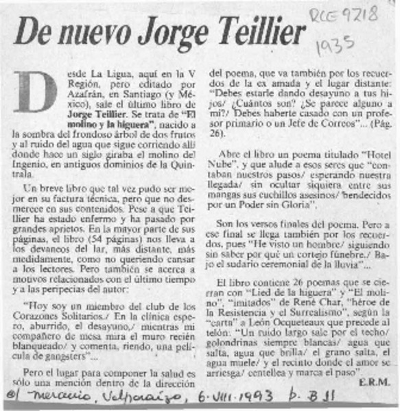 De nuevo Jorge Teillier  [artículo] E. R. M.