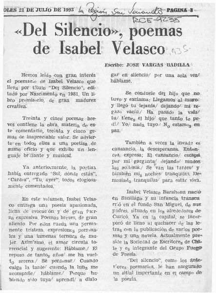 "Del silencio", poemas de Isabel Velasco  [artículo] José Vargas Badilla.