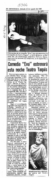 Comedia "Eva" estrenará esta noche Teatro Taquis  [artículo].
