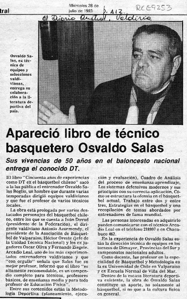Apareció libro de técnico basquetero Osvaldo Salas  [artículo].