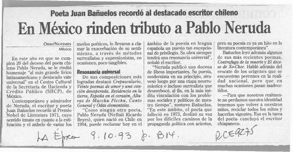 En México rinden homenaje a Pablo Neruda  [artículo].