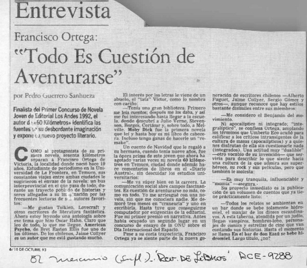 "Todo es cuestión de aventurarse"  [artículo] Pedro Sanhueza Guerrero.