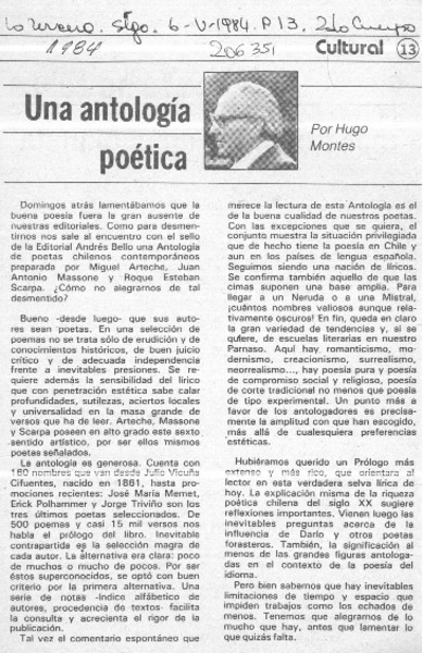 Una antología poética  [artículo] Hugo Montes.