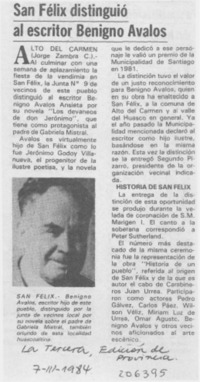 San Félix distinguió al escritor Benigno Avalos