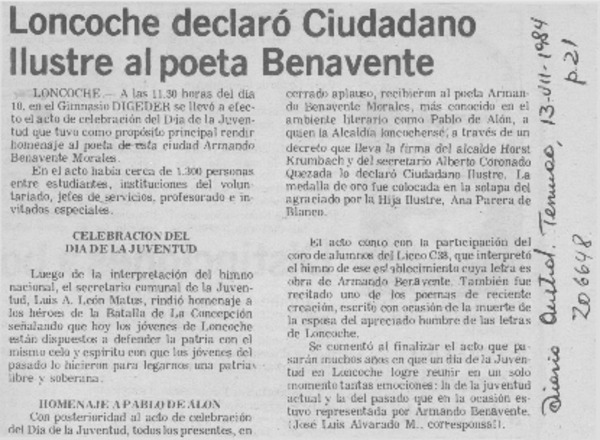 Loncoche declaró ciudadano ilustre al poeta Benavente