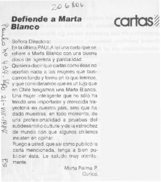 Defiende a Marta Blanco