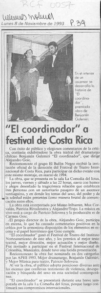 "El Coordinador" a festival de Costa Rica  [artículo].