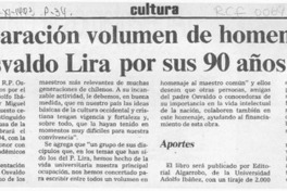 En preparación volumen de homenaje al R. P. Osvaldo Lira por sus 90 años  [artículo].