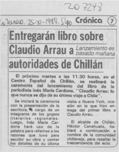 Entregarán libro sobre Claudio Arrau a autoridades de Chillán