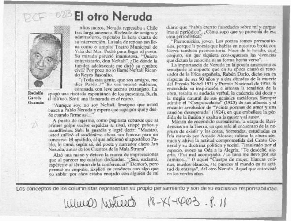 El otro Neruda  [artículo] Rodolfo Garcés Guzmán.