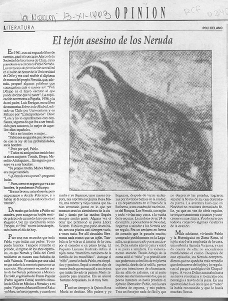 El tejón asesino de los Neruda  [artículo] Poli Délano.