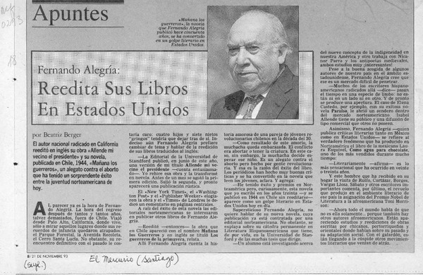 Fernando Alegría reedita sus obras en Estados Unidos  [artículo] Beatriz Berger.