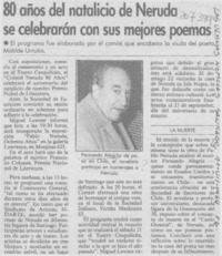 80 años del natalicio de Neruda se celebrarán con sus mejores poemas