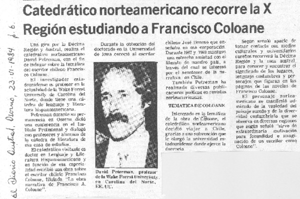 Catedrático norteamericano recorre la X Región estudiando a Francisco Coloane