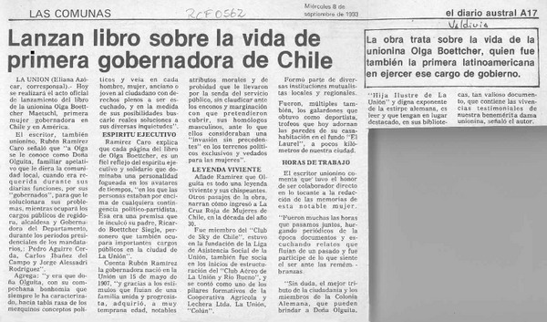 Lanzan libro sobre la vida de primera gobernadora de Chile  [artículo] Eliana Azócar.
