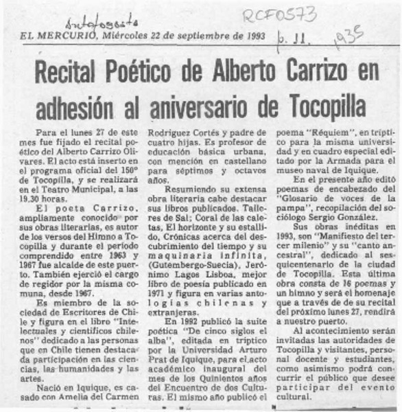 Recital poético de Alberto Carrizo en adhesión al aniversario de Tocopilla  [artículo].