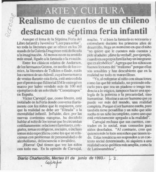 Realismo de cuentos de un chileno destacan en séptima feria infantil  [artículo].