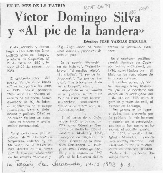 Víctor Domingo Silva y "Al pie de la bandera"  [artículo] José Vargas Badilla.
