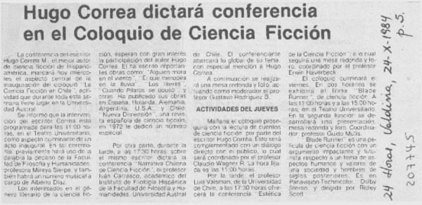 Hugo Correa dictará conferencia en el coloquio de ciencia ficción