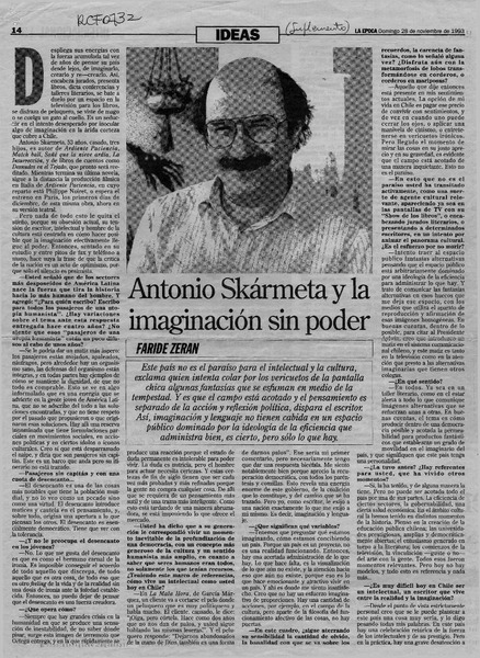 Antonio Skármeta y la imaginación sin poder  [artículo] Faride Zerán.