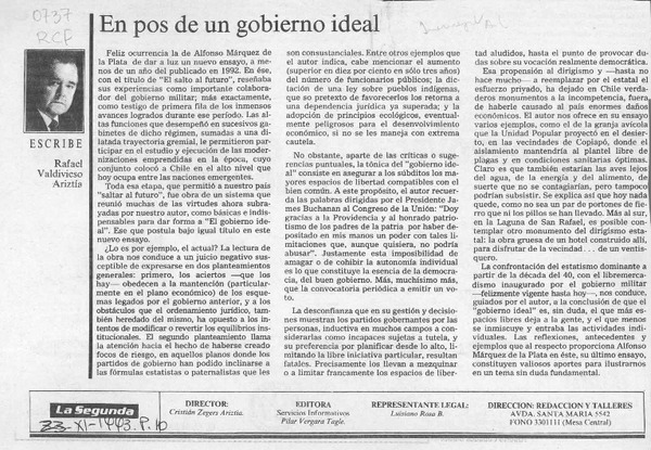 En pos de un gobierno ideal  [artículo] Rafael Valdivieso Ariztía.