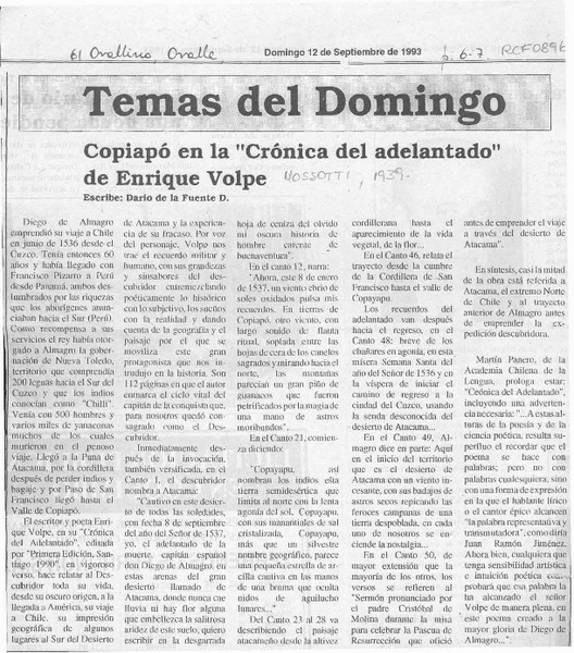 Copiapó en la "Crónica del adelantado" de Enrique Volpe  [artículo] Darío de la Fuente D.