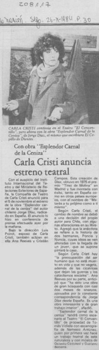 Carla Cristi anuncia estreno teatral