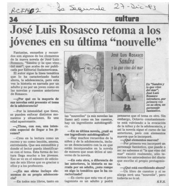 José Luis Rosasco retoma a los jóvenes en su última "nouvelle"  [artículo] S. V. S.