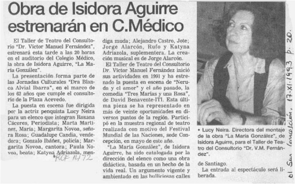 Obra de Isidora Aguirre estrenarán en C. Médico