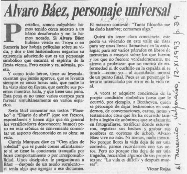 Alvaro Báez, personaje universal  [artículo] Víctor Rojas.
