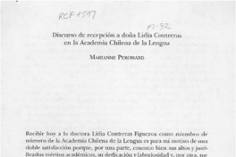 Discurso de recepción a doña Lidia Contreras en la Academia Chilena de la Lengua  [artículo] Marianne Peronard.