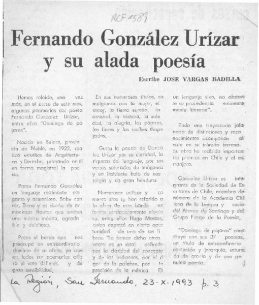 Fernando González Urízar y su alada poesía  [artículo] José Vargas Badilla.