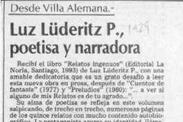 Luz Lüderitz P., poetisa y narradora  [artículo] Pedro Mardones Barrientos.