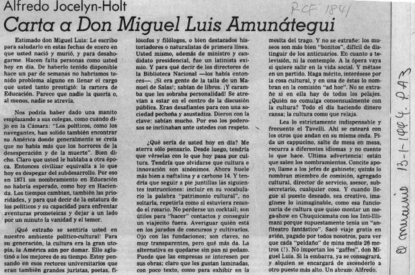 Carta a don Miguel Luis Amunátegui  [artículo] Alfredo Jocelyn-Holt.
