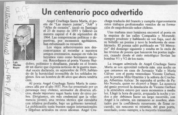 Un centenario poco advertido  [artículo] Luis Merino Reyes.