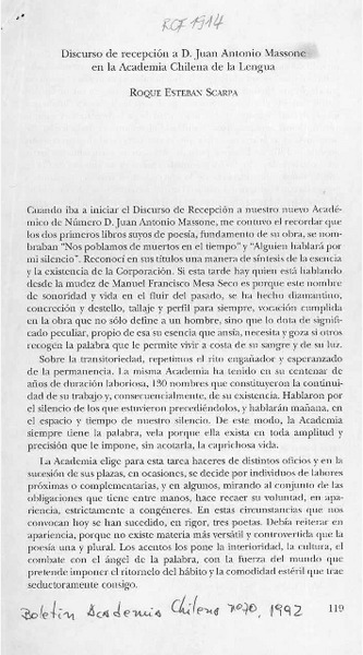 Discurso de recepción a D. Juan Antonio Massone en la Academia Chilena de la Lengua  [artículo] Roque Esteban Scarpa.