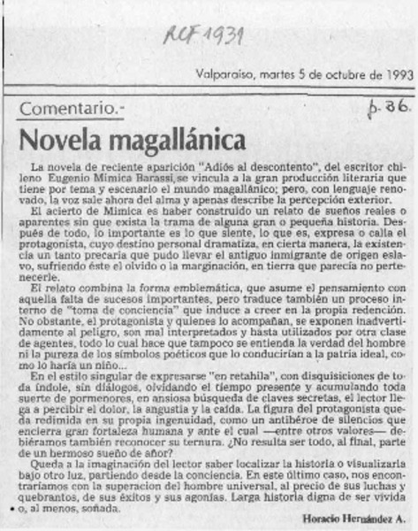 Novela magallánica  [artículo] Horacio Hernández A.