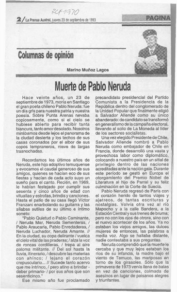Muerte de Pablo Neruda  [artículo] Marino Muñoz Lagos.