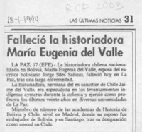 Falleció la historiadora María Eugenia del Valle  [artículo].