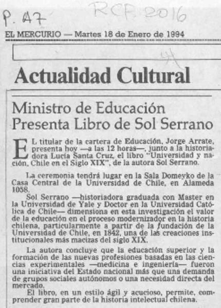 Ministro de Educación presenta libro de Sol Serrano  [artículo].
