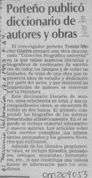 Porteño publicó diccionario de autores y obras  [artículo].