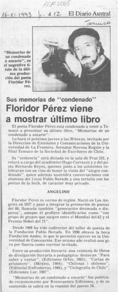 Floridor Pérez viene a mostrar su último libro  [artículo].