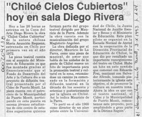 "Chiloé cielos cubiertos" hoy en sala Diego Rivera  [artículo].