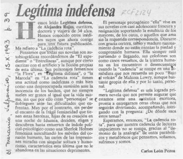 Legítima defensa  [artículo] Carlos León Pezoa.